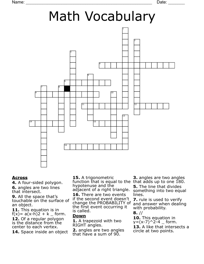 Math Vocabulary  Crossword