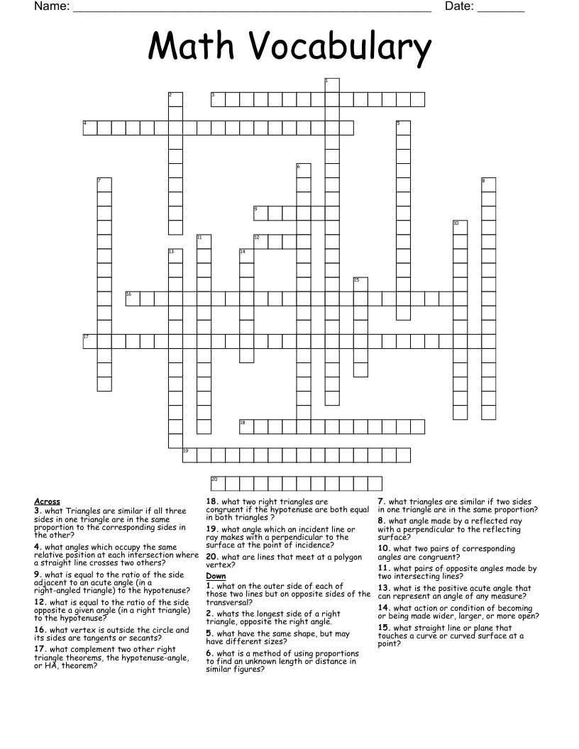 Math Vocabulary  Crossword