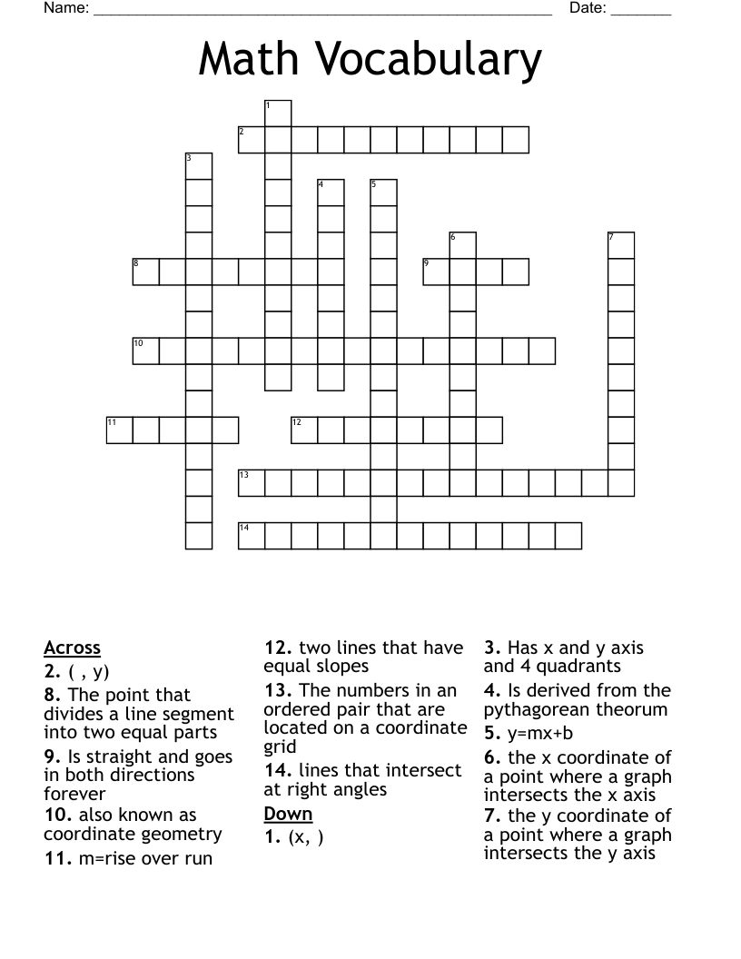 Math Vocabulary  Crossword
