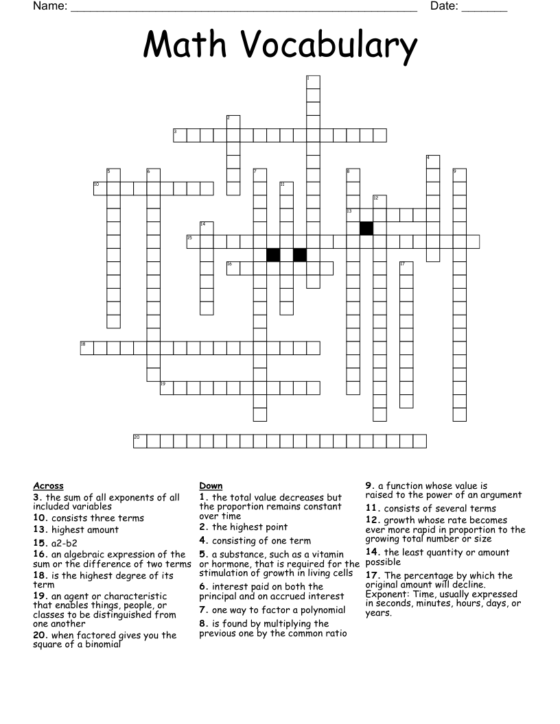 Math Vocabulary  Crossword