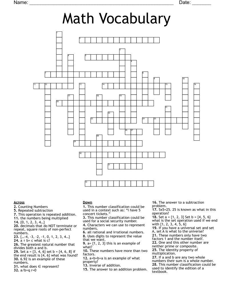 Math Vocabulary  Crossword