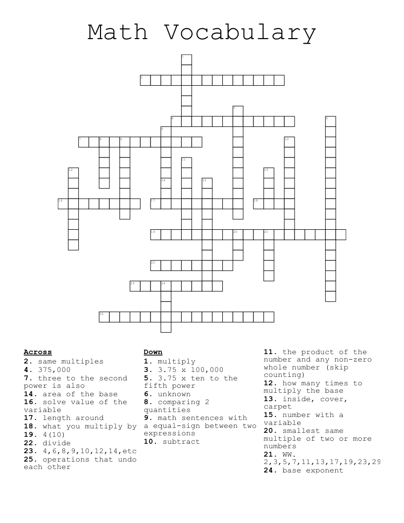 Math Vocabulary  Crossword