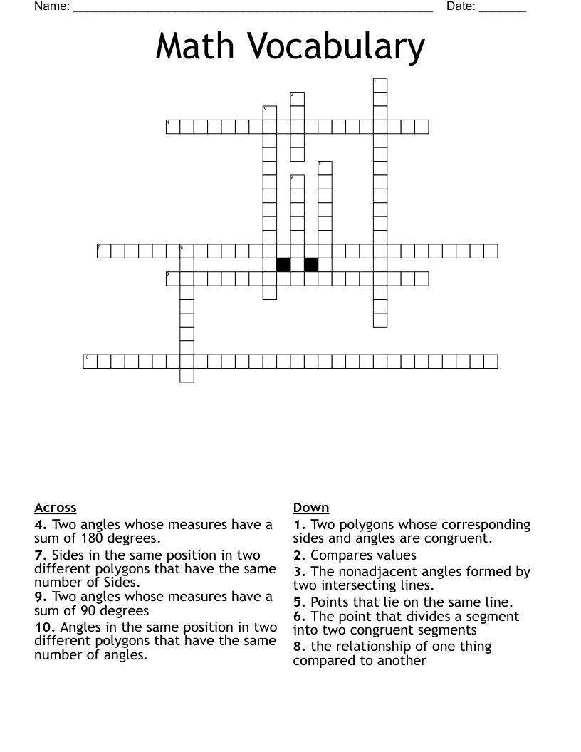 Math Vocabulary  Crossword
