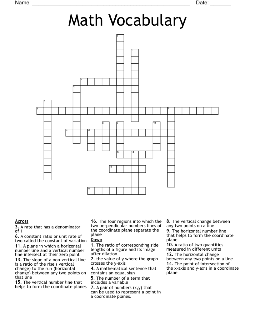 Math Vocabulary  Crossword