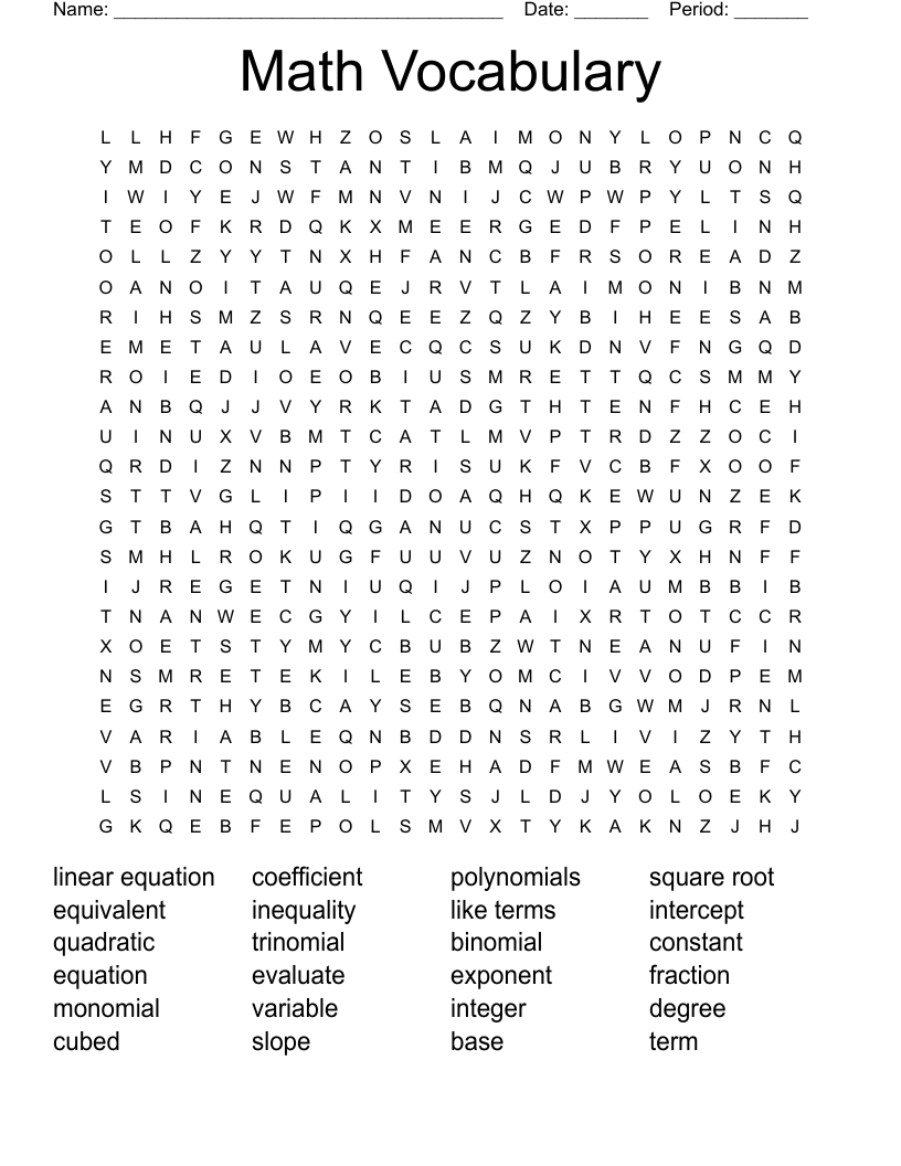 Math Vocabulary  Word Search