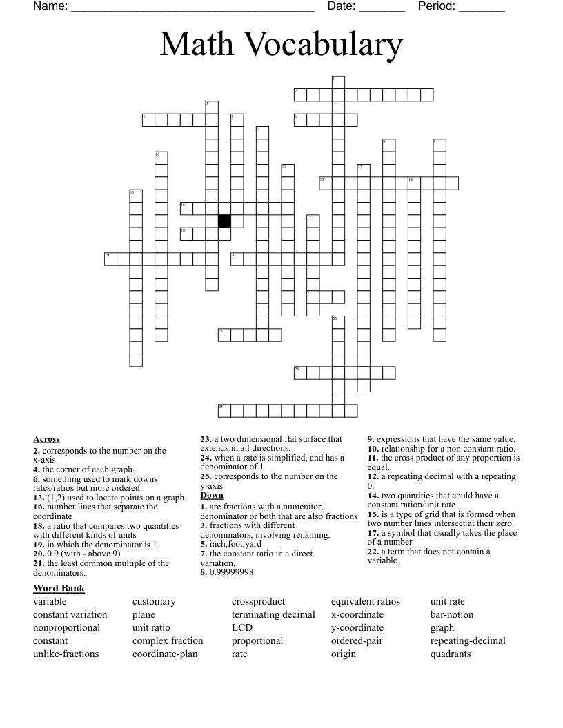 Math Vocabulary  Crossword