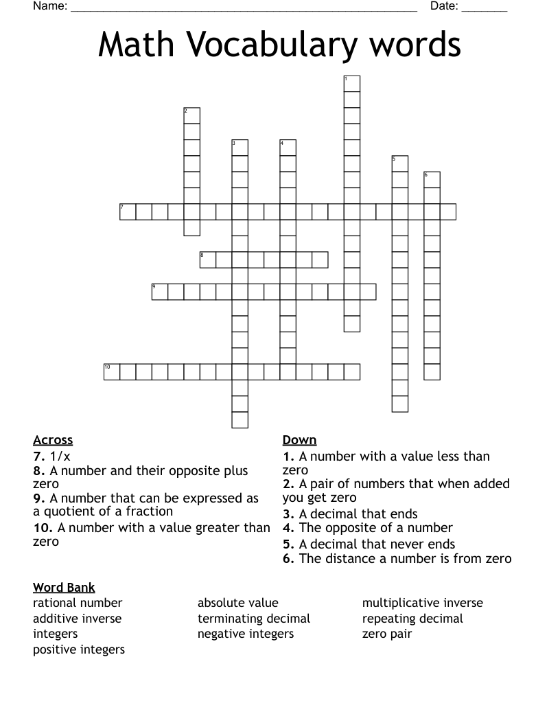 Math Vocabulary words Crossword