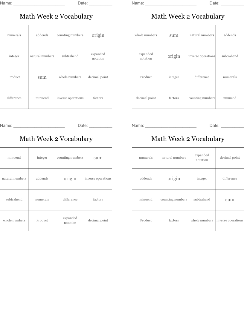 Math Week 2 Vocabulary Bingo Cards
