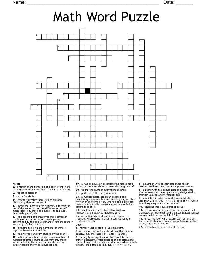 Math Word Puzzle Crossword