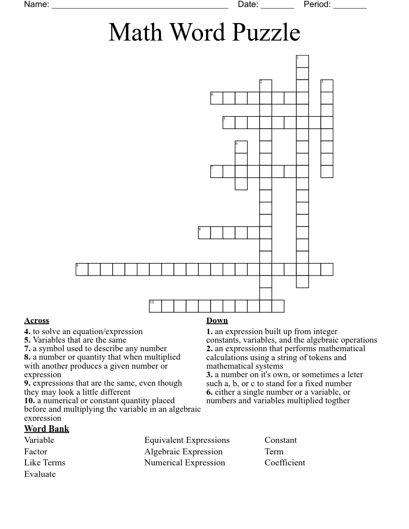 Math Word Puzzle Crossword
