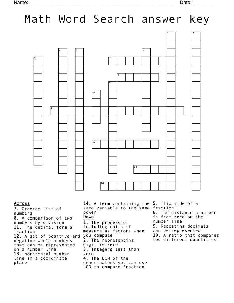 Math Word Search answer key Crossword