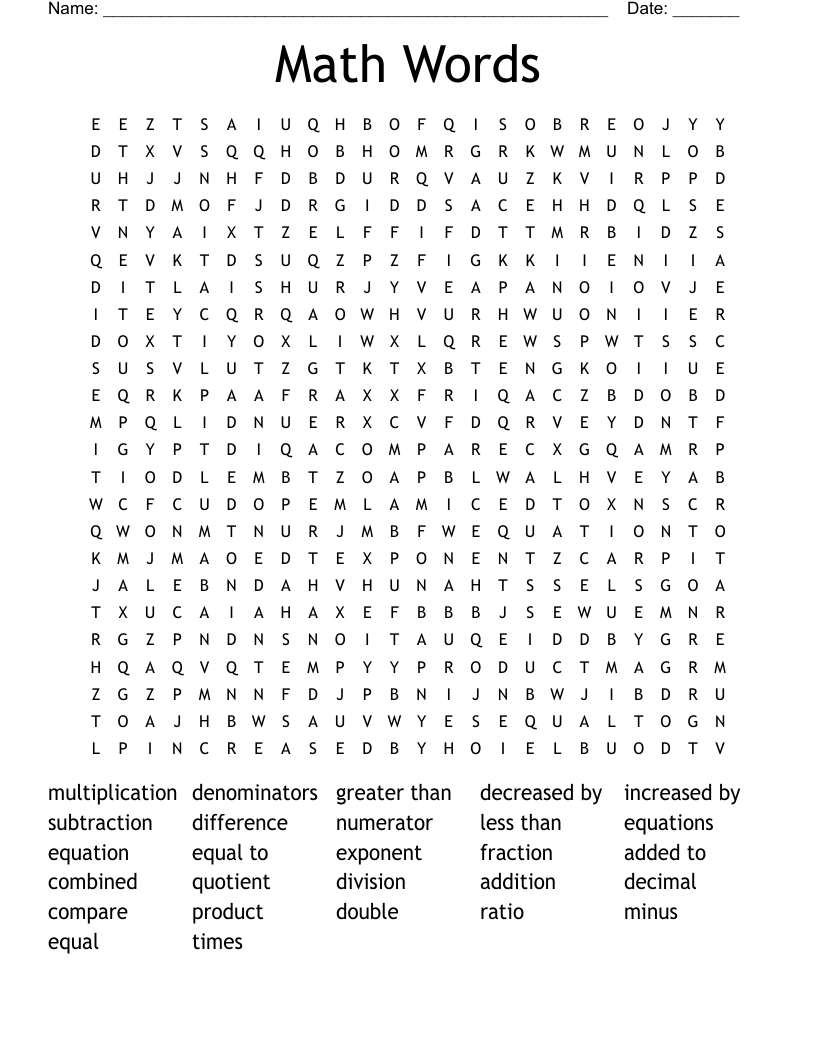 Math Words Word Search