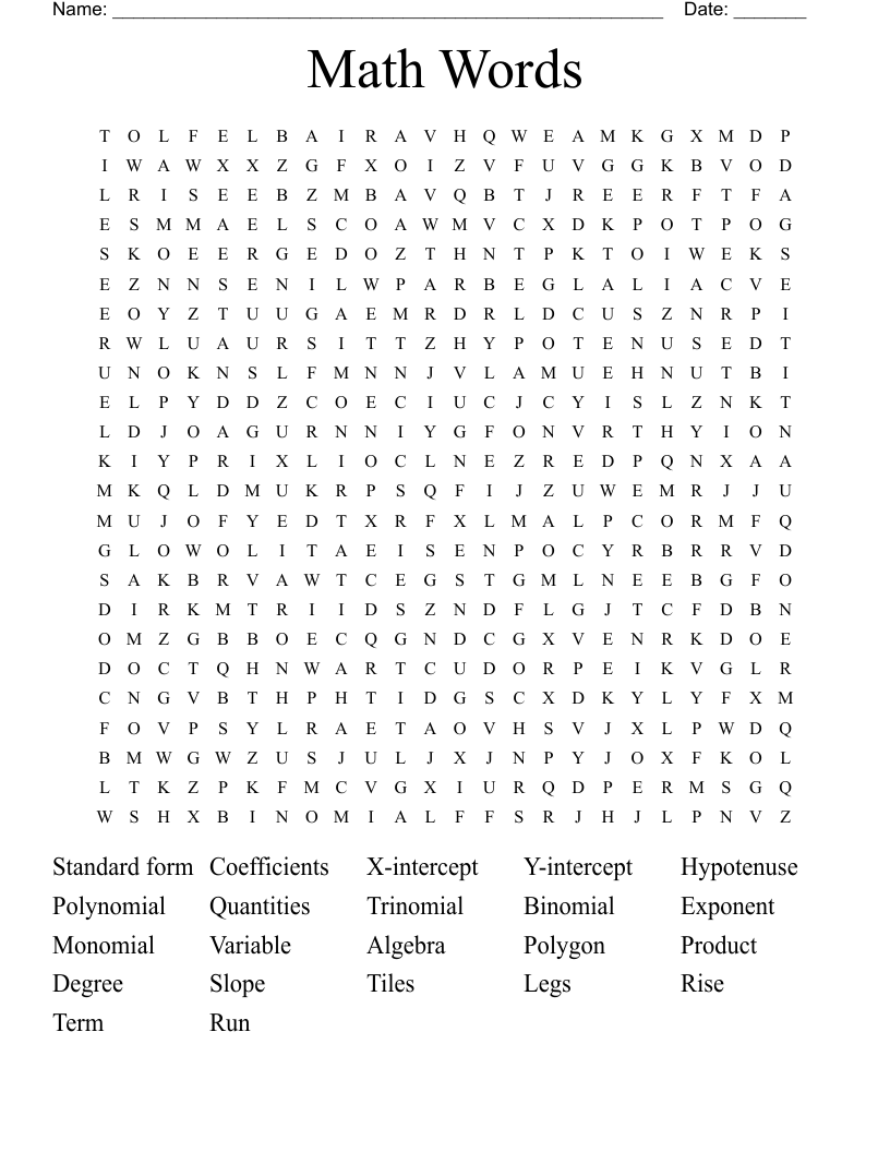 Math Words Word Search
