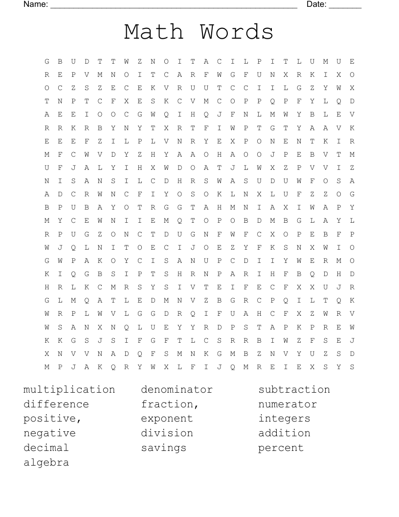 Math Words Word Search