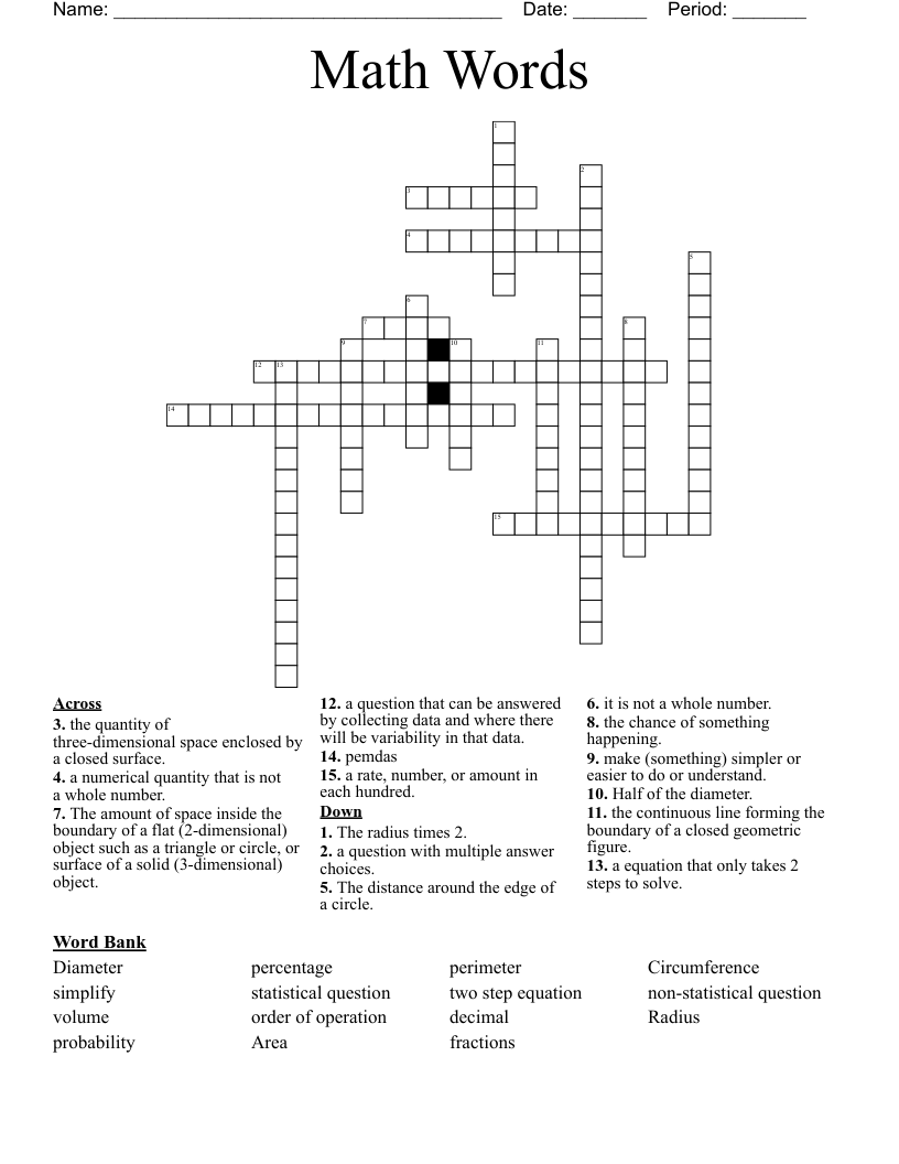 Math Words Crossword