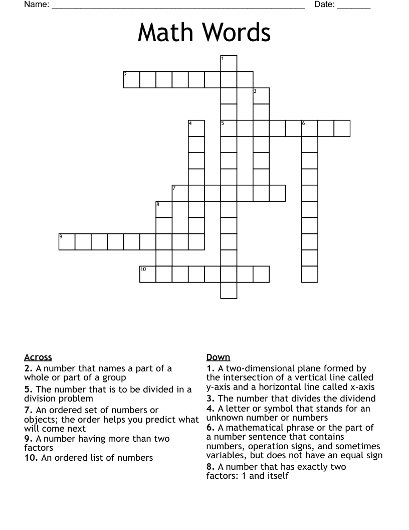 Math Words Crossword