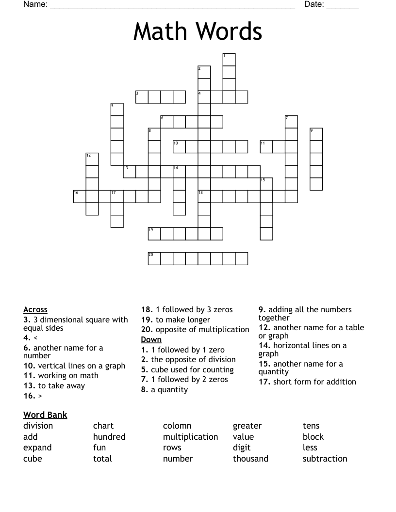 Math Words Crossword