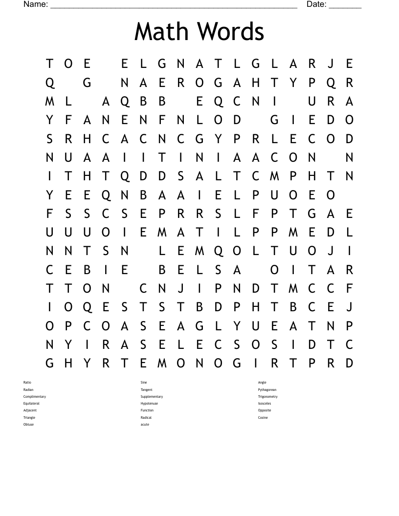 Math Words Word Search