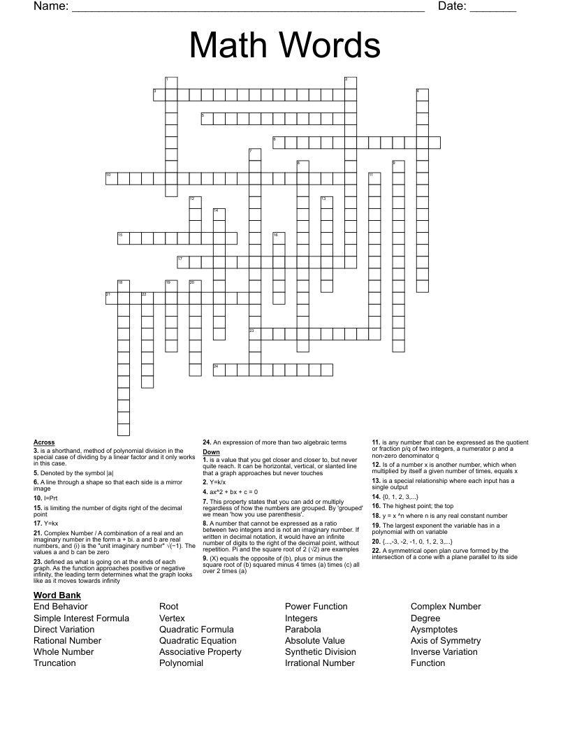 Math Words  Crossword