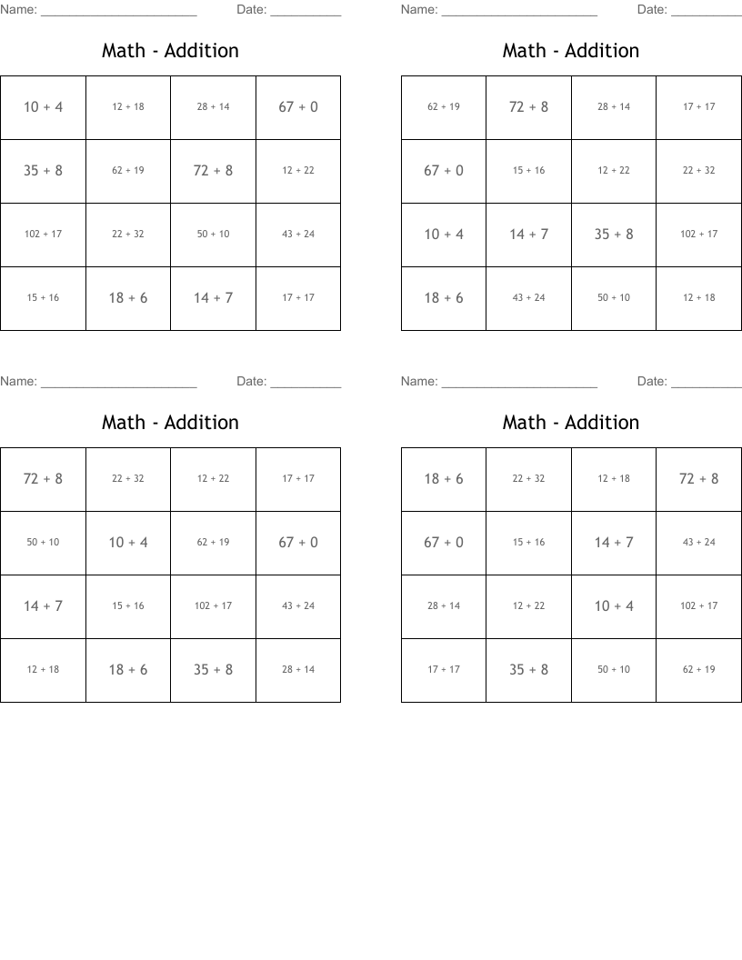 Math - Addition Bingo Cards