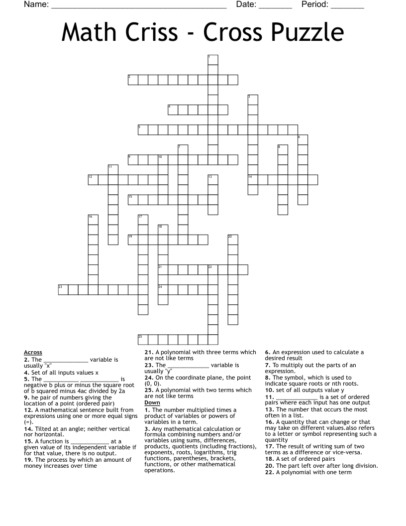 Math  Criss - Cross Puzzle Crossword