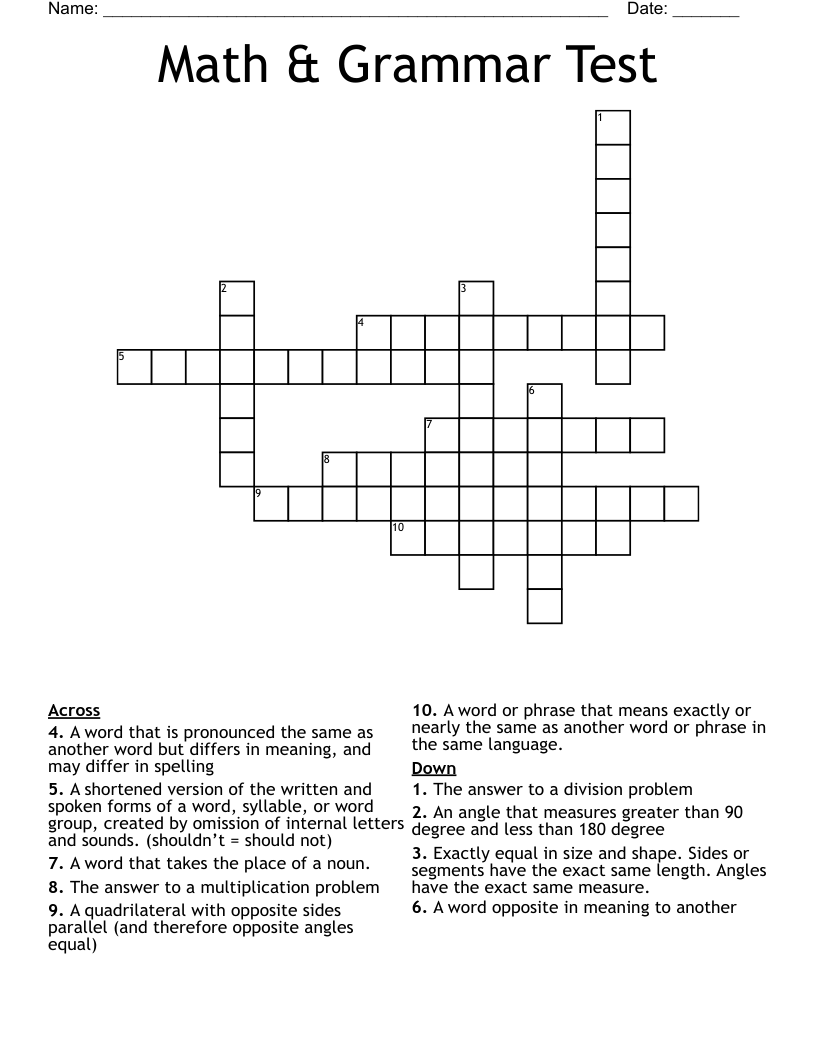 Math & Grammar Test Crossword