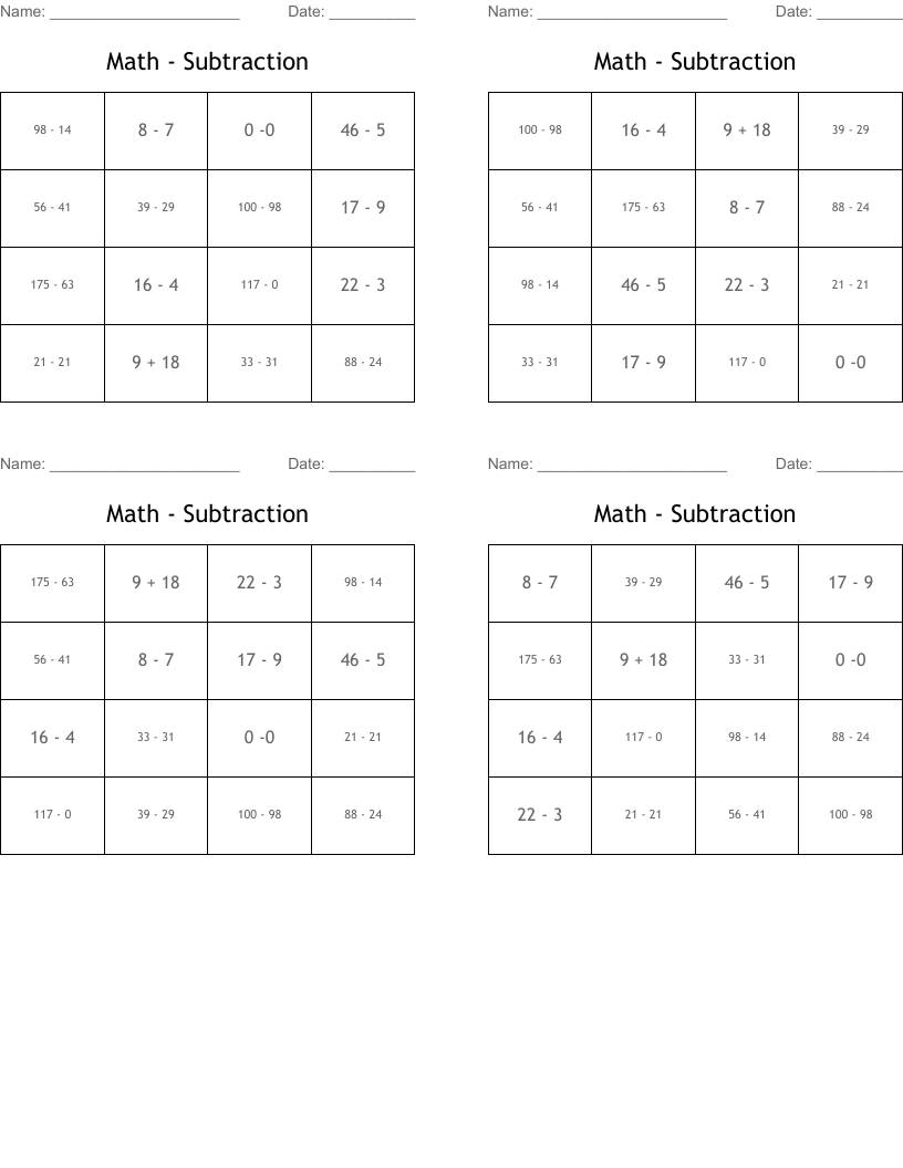 Math - Subtraction Bingo Cards