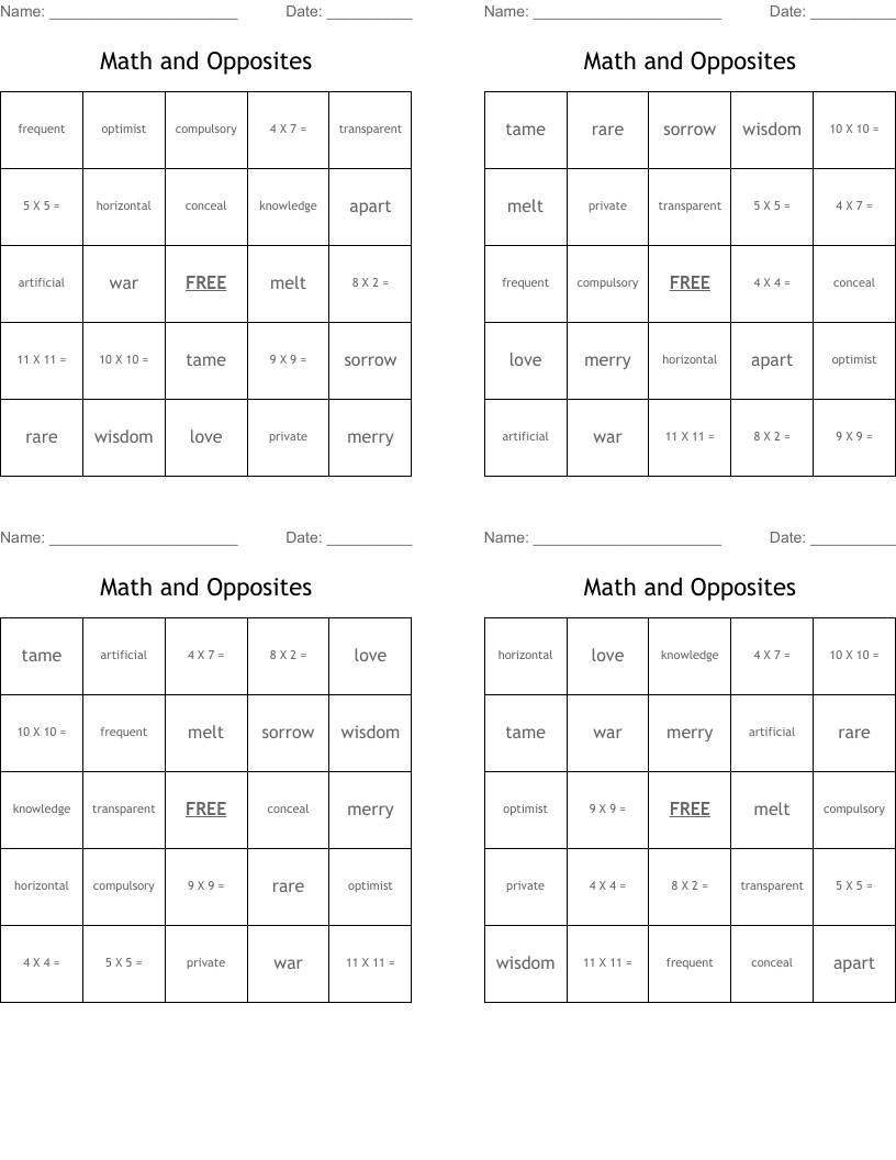 Math and Opposites Bingo Cards