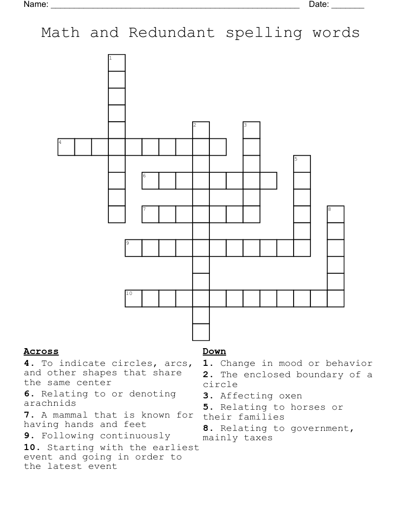 Math and Redundant spelling words Crossword