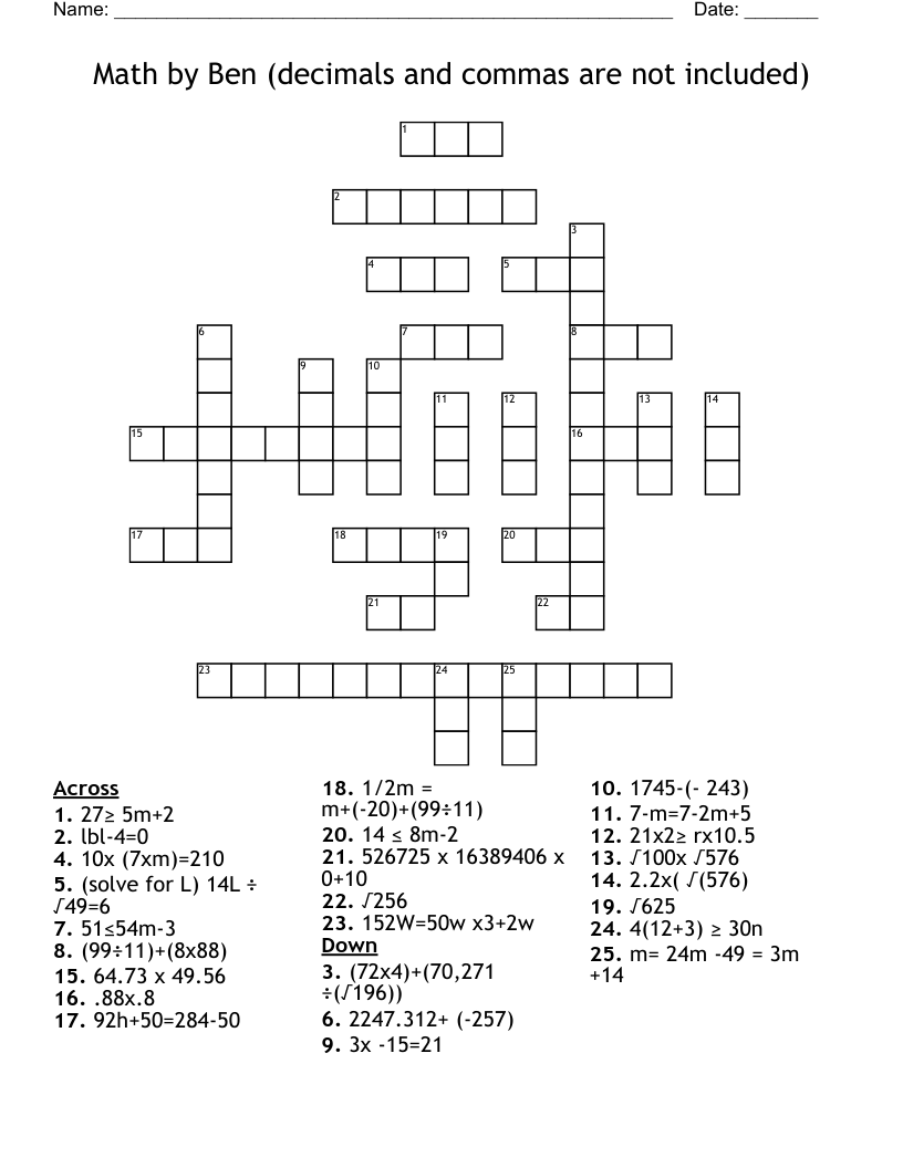 Math by Ben (decimals and commas are not included) Crossword