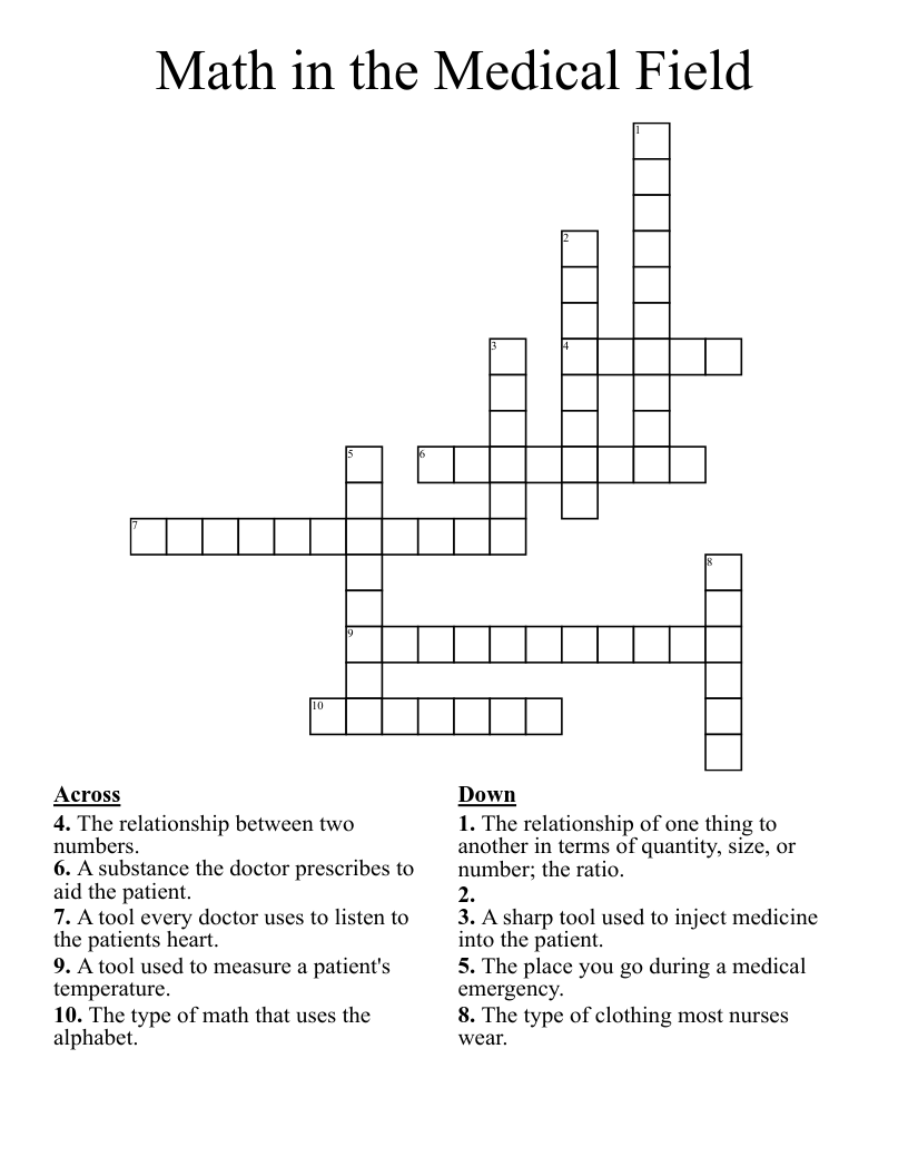 Math in the Medical Field  Crossword