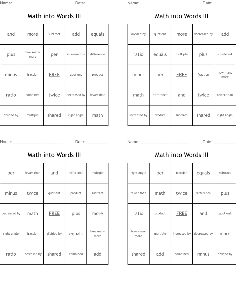 Math into Words III Bingo Cards