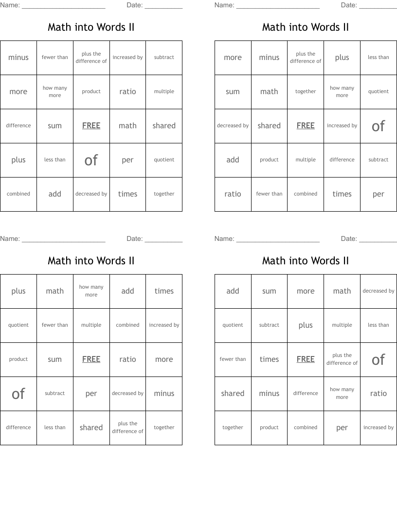 Math into Words II Bingo Cards