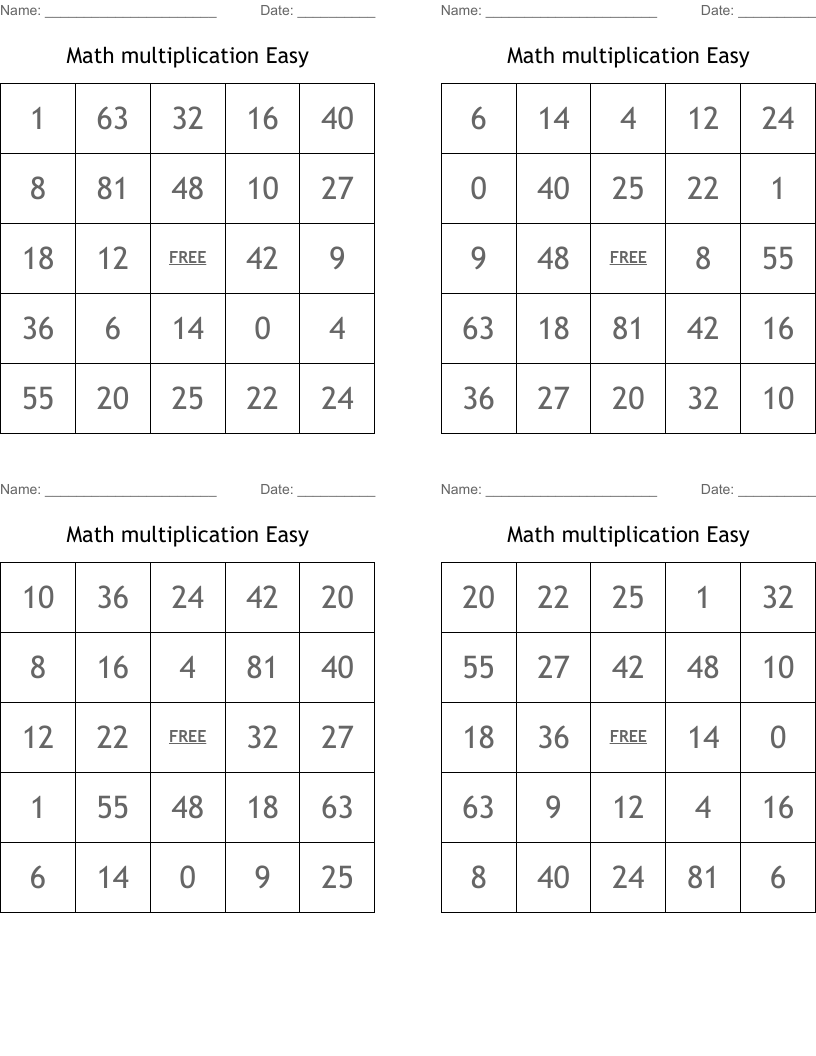 Math multiplication Easy Bingo Cards