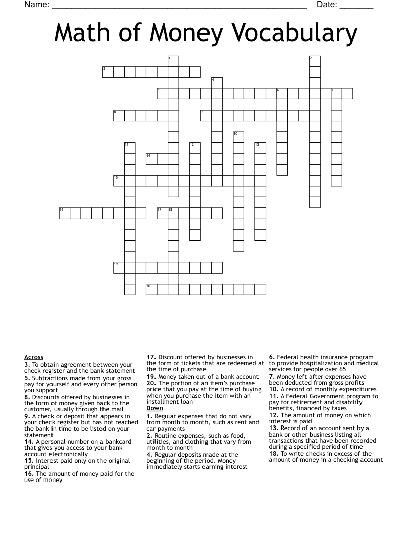 Math of Money Vocabulary Crossword