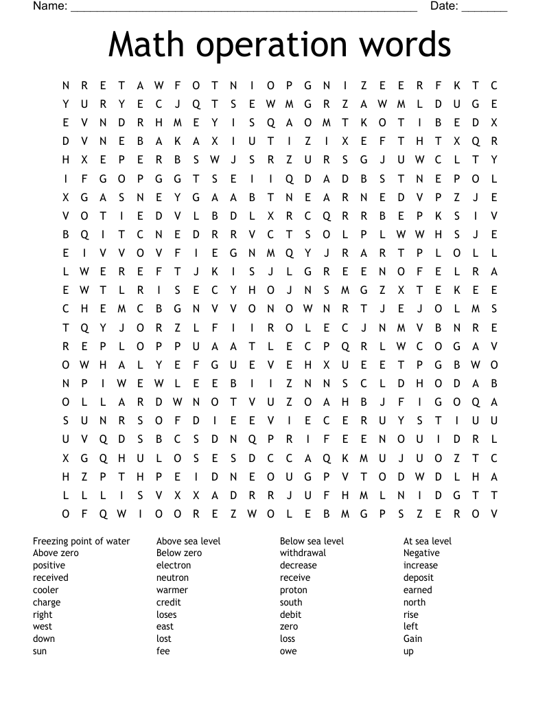 Math operation words Word Search