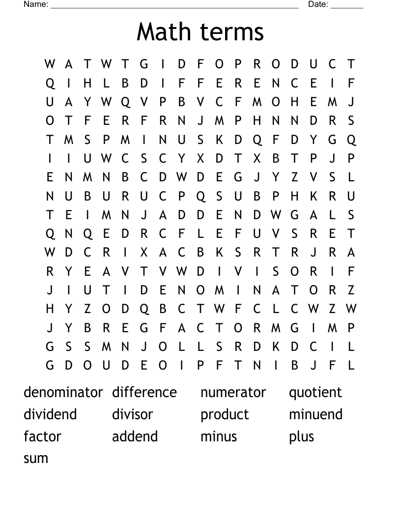 Math terms Word Search