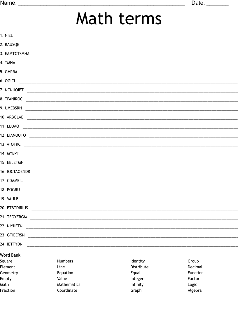 Math terms Word Scramble