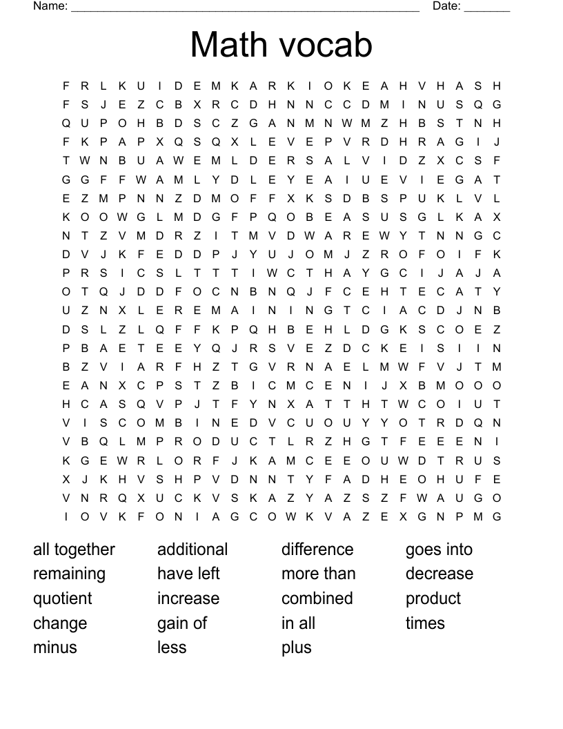 Math vocab Word Search