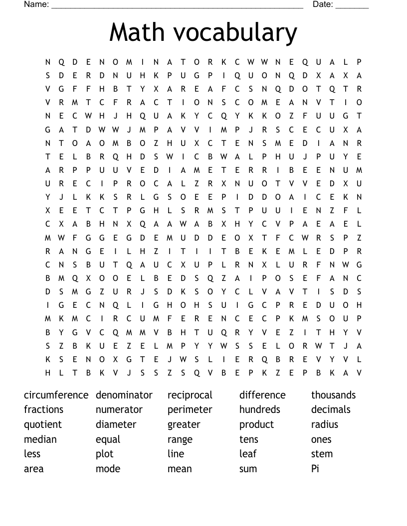 Math vocabulary Word Search