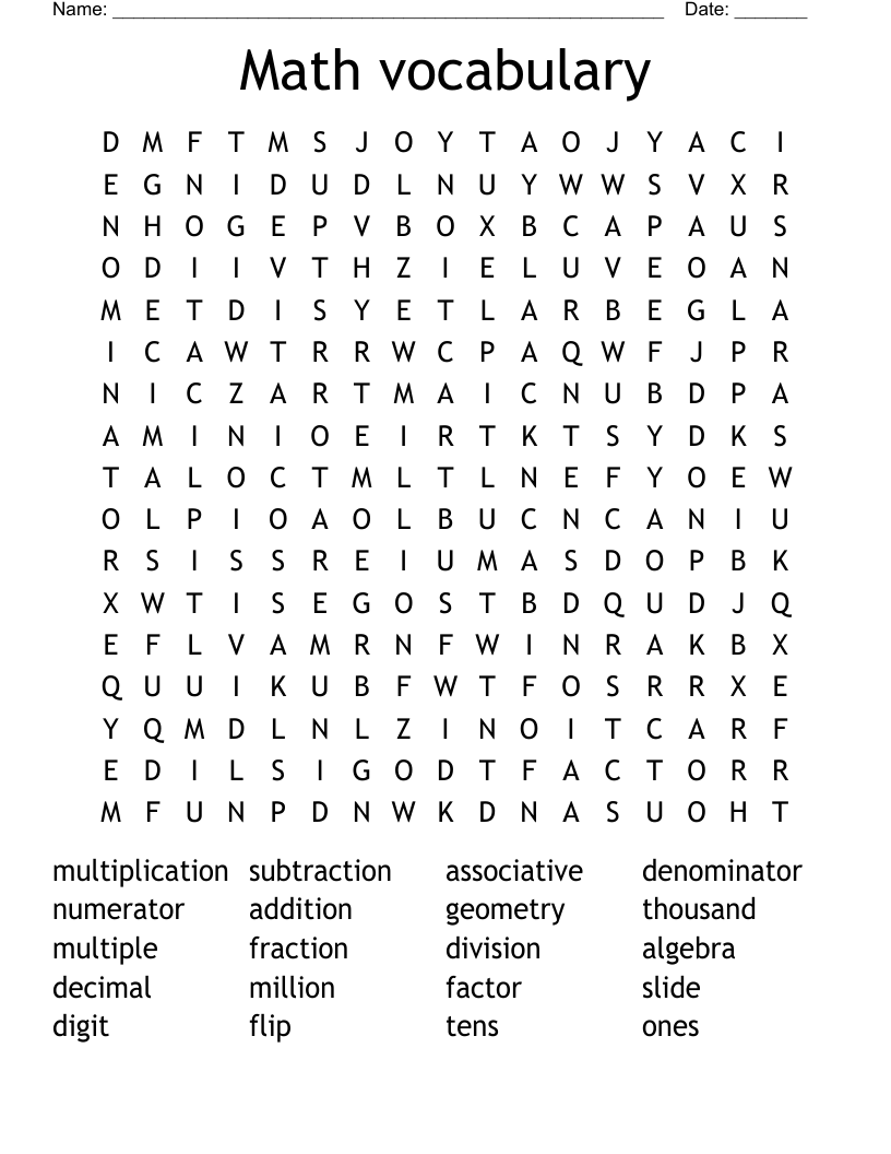 Math vocabulary Word Search