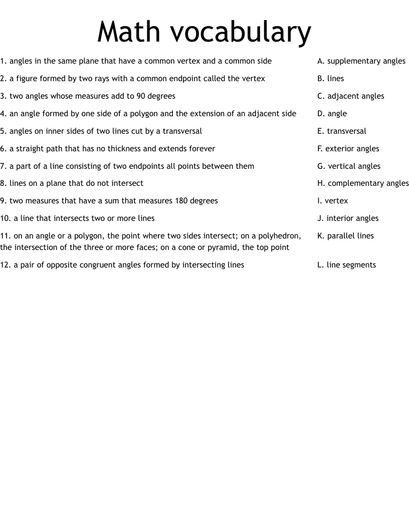 Math vocabulary Worksheet
