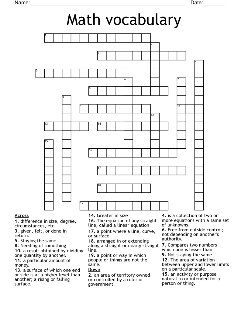 Math vocabulary  Crossword