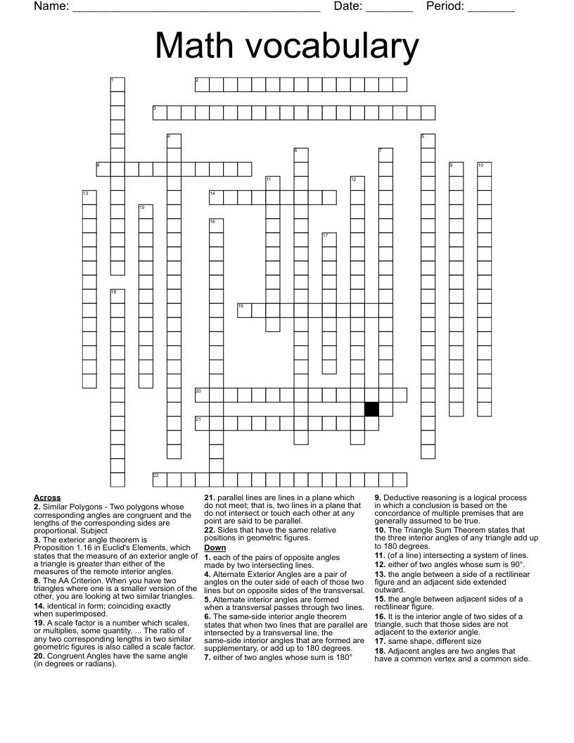 Math vocabulary  Crossword