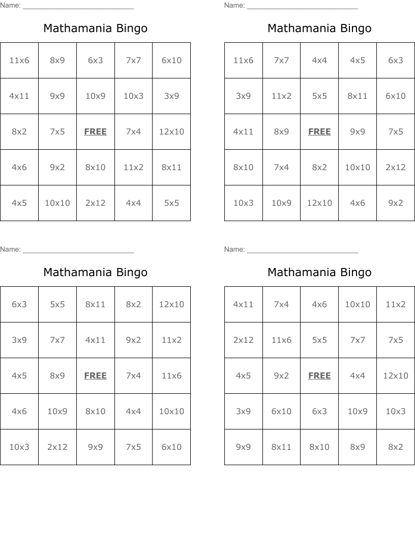 Mathamania Bingo