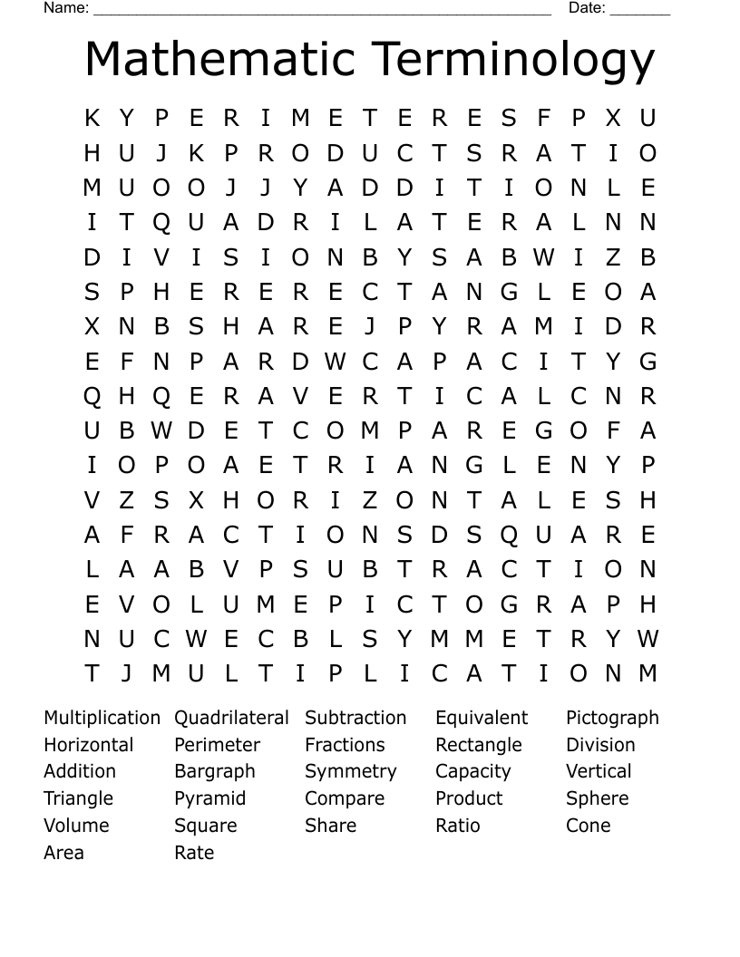 Mathematic Terminology Word Search