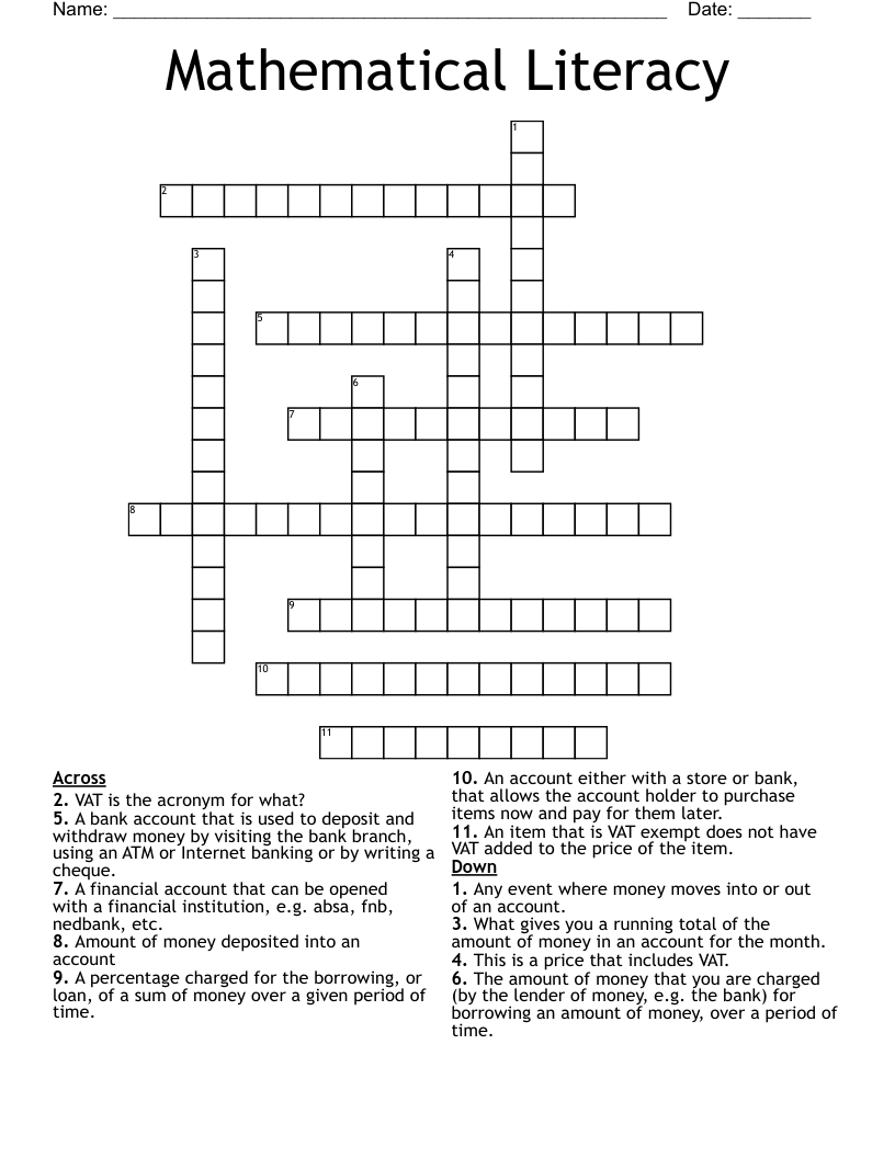 Mathematical Literacy Crossword