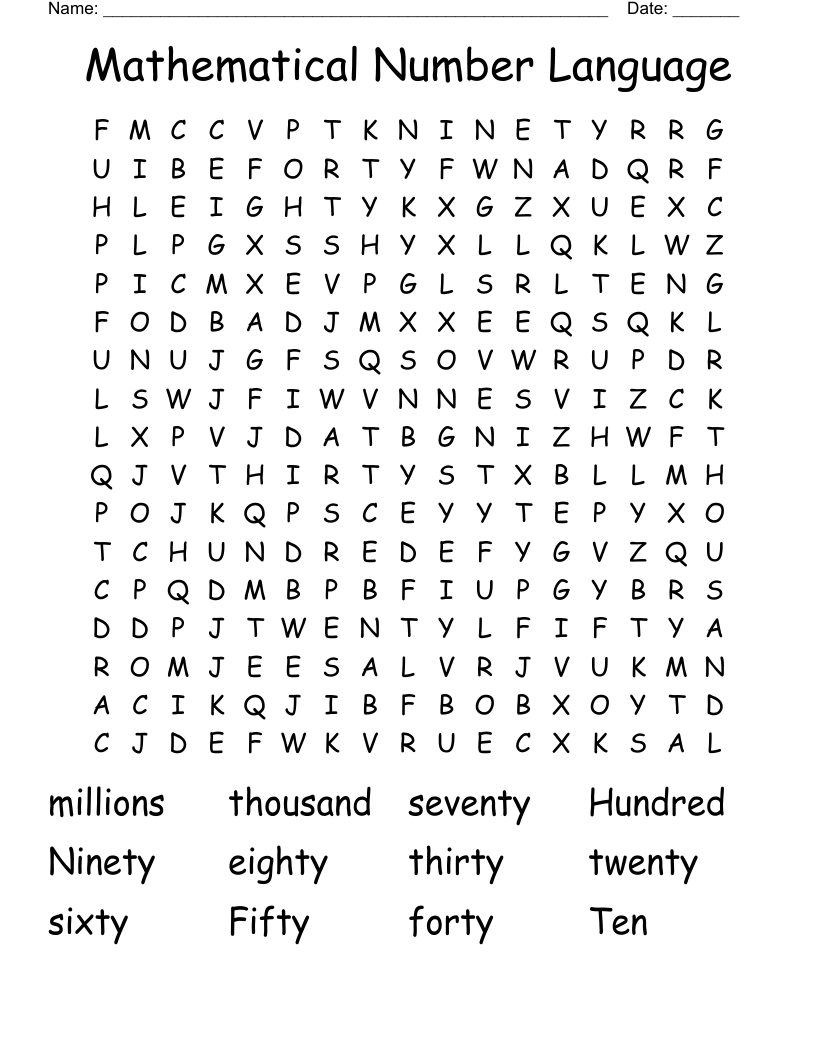 Mathematical Number Language Word Search