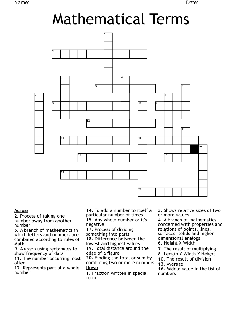 Mathematical Terms Crossword