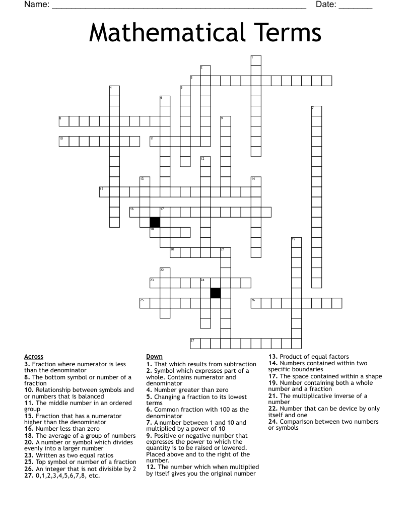 Mathematical Terms Crossword